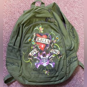 Ed Hardy Love Kills Slowly Army green Y2K Backpack